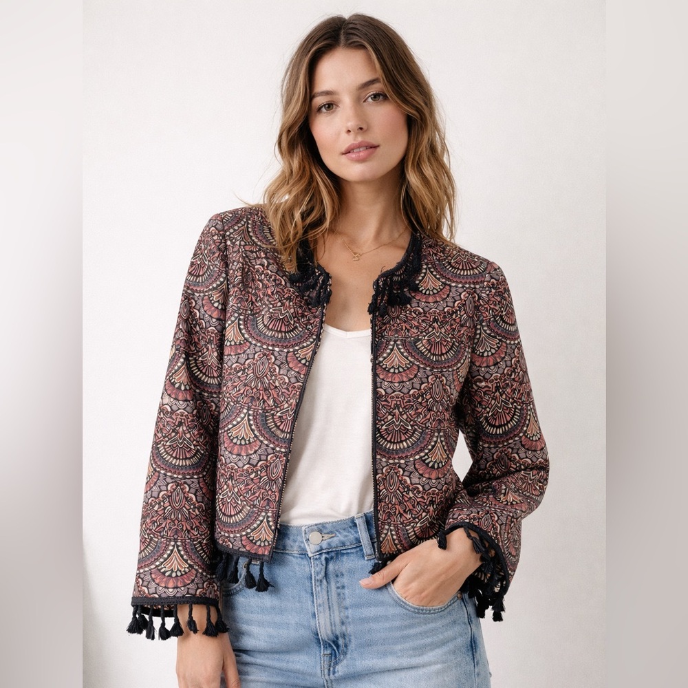 Chelsea & Violet Metallic Jacquard Tassel Fringe Boho Jacket XS Festival